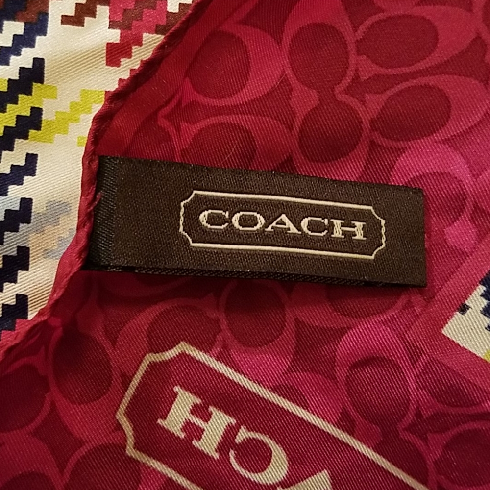 Coach NWOT SILK Square Scarf with Houndstooth Plaid Striped Print - Picture 3 of 4